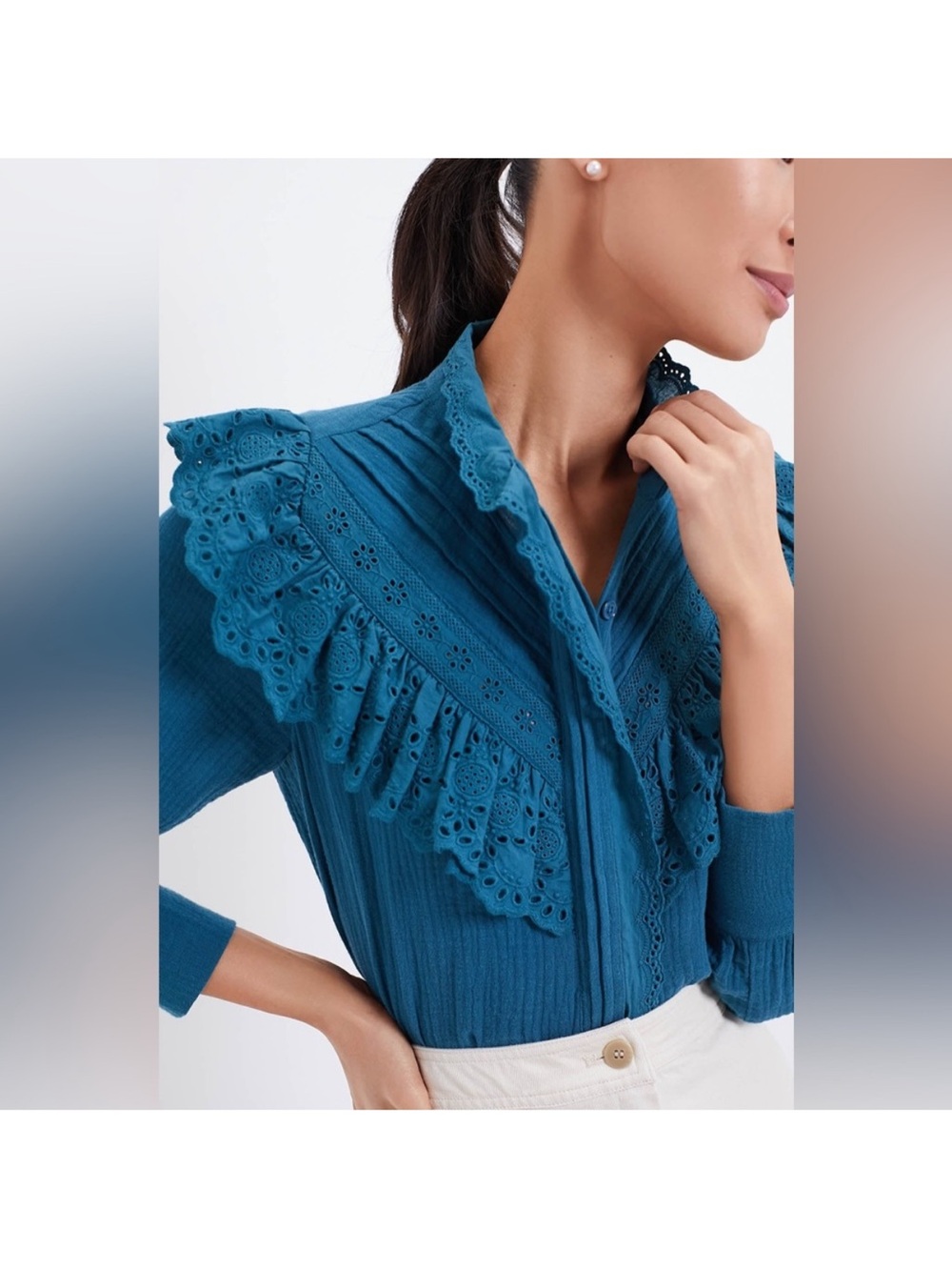 Hyacinth House Teal Eyelet Tatum Blouse ruffle XXL